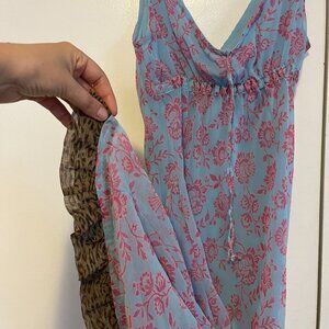 Sisley Pink and Blue paisley sheer midi dress with leopard print ruffle -- S